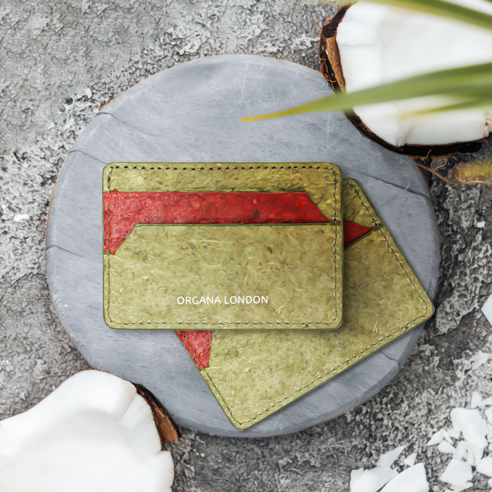 cardholder made from plant-based material. we have used coconut leather in our product. vegan and sustainable.